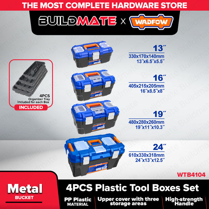 Wadfow 4pcs Metal / Plastic Buckle Tool Box Set w/ Trays Storage Compartments Stackable Plastic Tool Kit Organizer SOLD PER SET - WHT