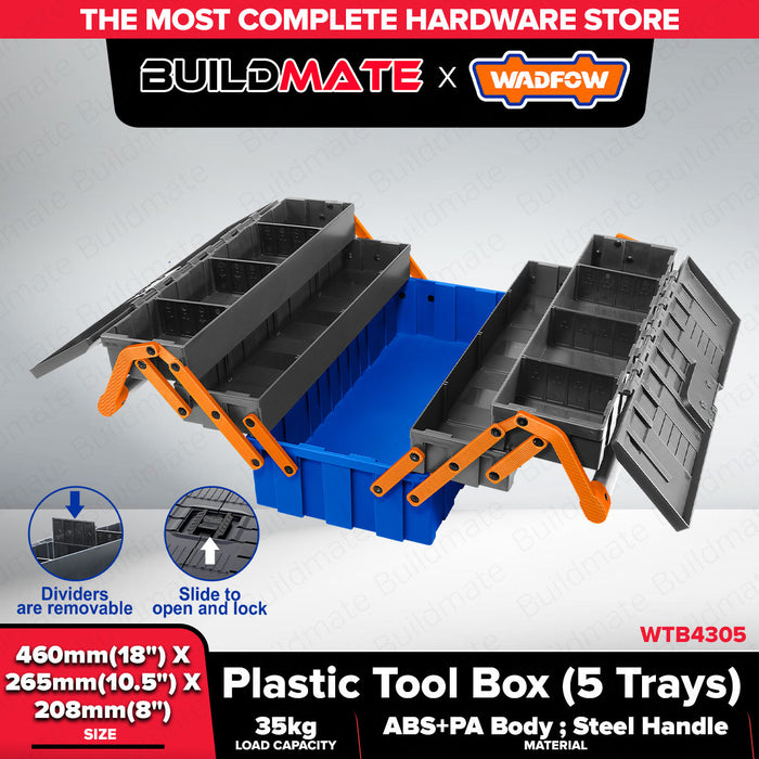 Buildmate x Wadfow Plastic Tool Box 5 Tray 18" Organizer Heavy Duty WTB4305 WHT
