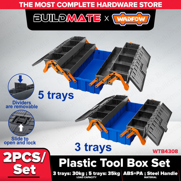 Buildmate x Wadfow 2pcs Plastic Tool Box Set 18" 3&5 Tray Heavy Duty WTB4308 WHT