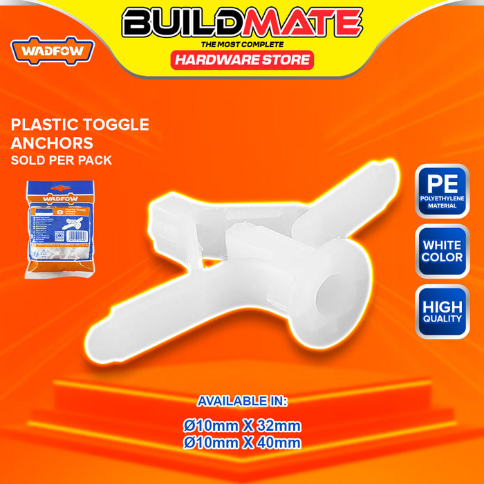 BUILDMATE Wadfow Plastic Toggle Anchor 10-32mm / 10-40mm Winged Plastic Expansion Toggled Drywall Wall Butterfly Anchor SOLD PER PACK - WHT