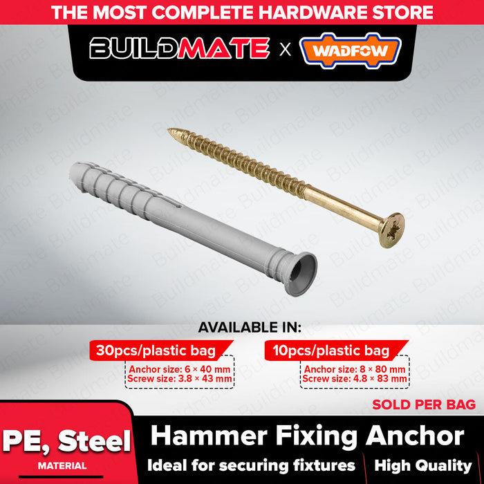 WADFOW Hammer Fixing Anchor 6x40mm / 8x80mm PE Hammer-In Fastener Concrete Anchor & Screw Set Wall Fixing Anchor Kit SOLD PER BAG - WHT