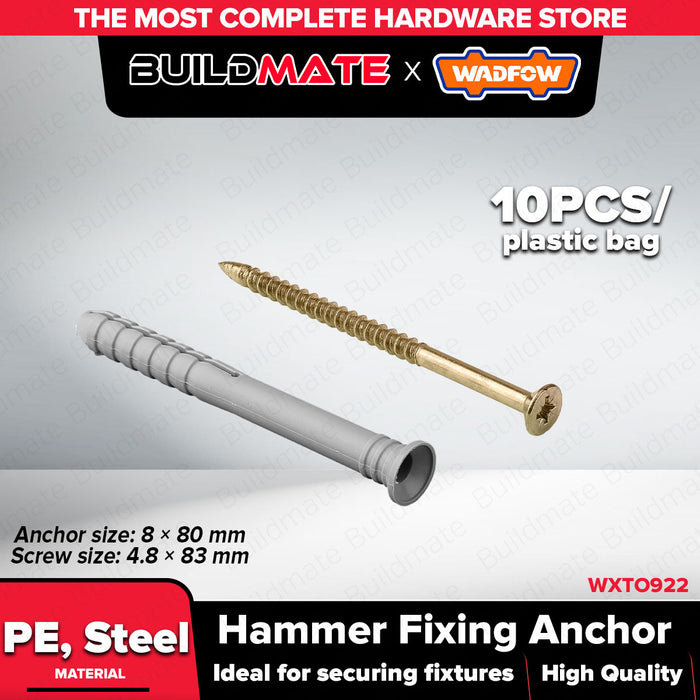 WADFOW Hammer Fixing Anchor 6x40mm / 8x80mm PE Hammer-In Fastener Concrete Anchor & Screw Set Wall Fixing Anchor Kit SOLD PER BAG - WHT