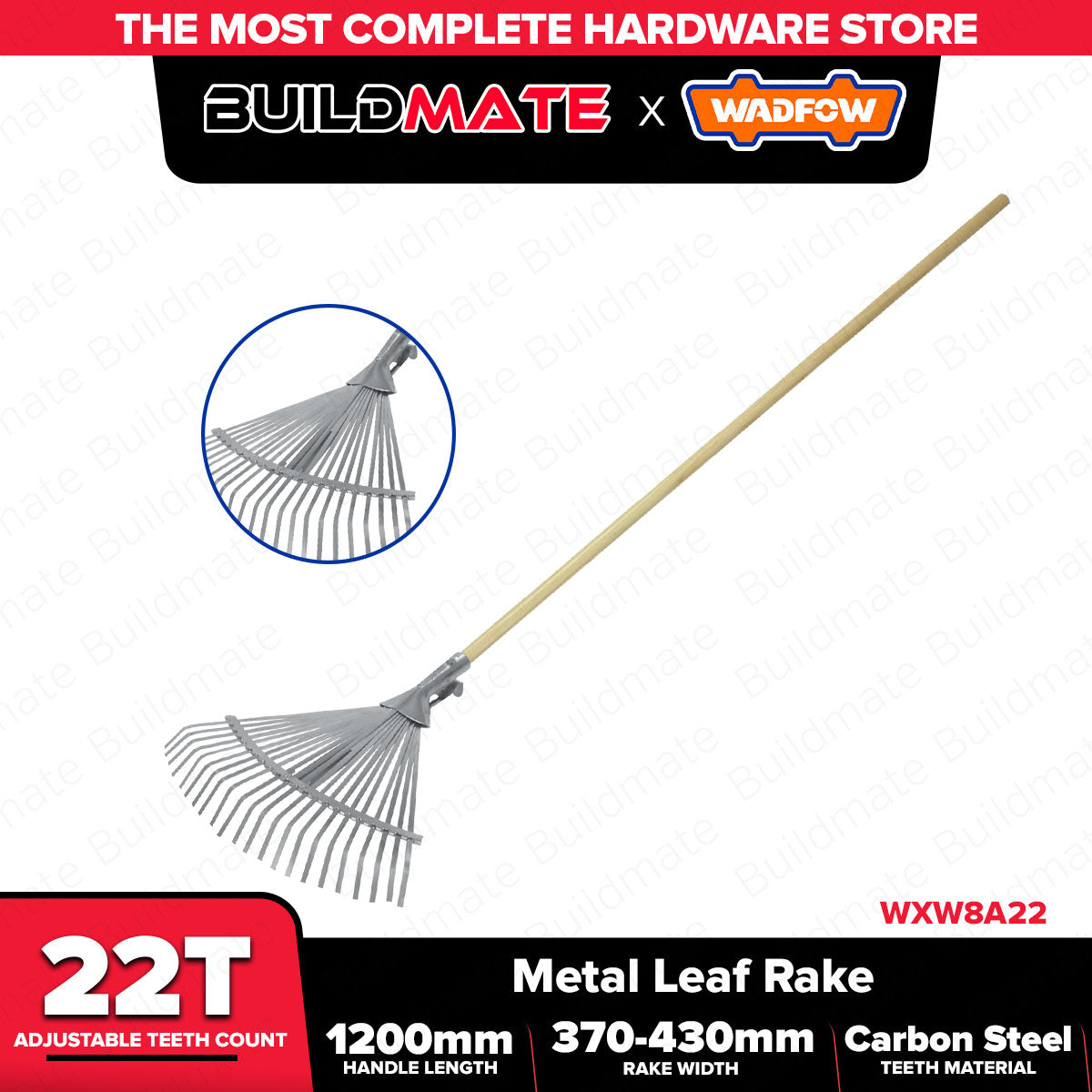 WADFOW 1200mm (22Teeth) Wooden Handle Poly Steel Leaf Rake WXW8A22 WHT ...