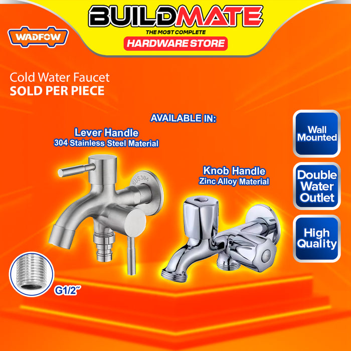 BUILDMATE Wadfow G1/2" Two Way Cold Water Faucet Splitter Wall Mounted Stainless Steel Shower Dual Function Double Water Outlet Cold Tap SOLD PER PIECE - WHT