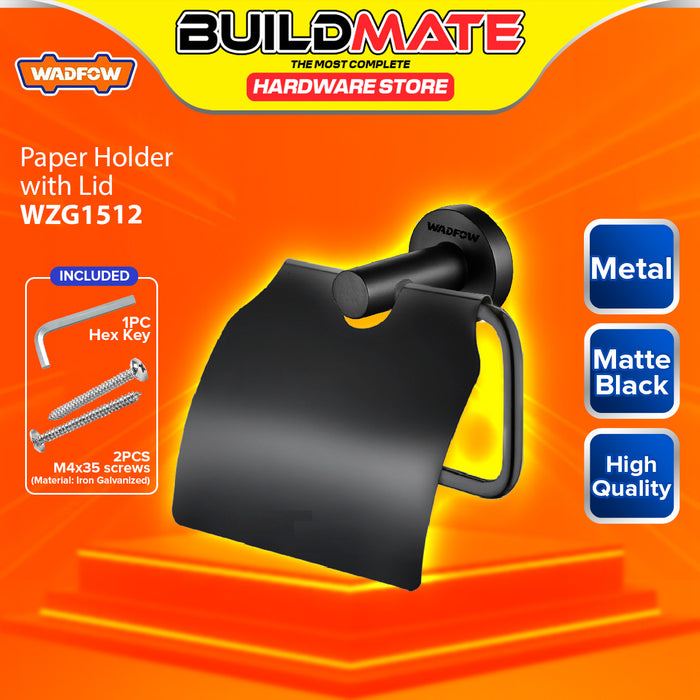 BUILDMATE Wadfow Paper Holder With Lid Matte Black Wall Mounted Tissue Paper Roll Dispenser Storage Organizer Holder with Cover WZG1512 - WHT