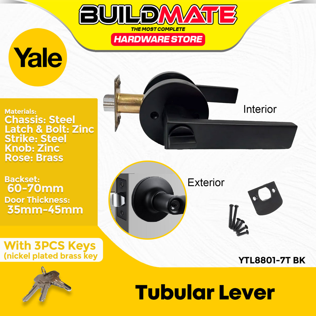 YALE Tubular Lever Style w/ Circle Corner (Black Finish) #YTL8801