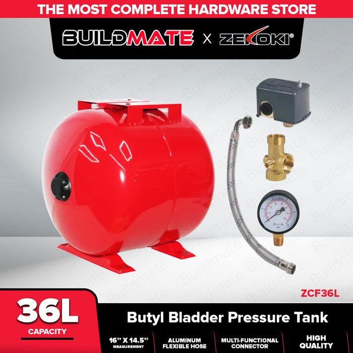 BUILDMATE Zekoki 36L Butyl Bladder Pressure Tank Steel Flange w/ 5-Way Connector Horizontal Tank for Water System ZCF36L