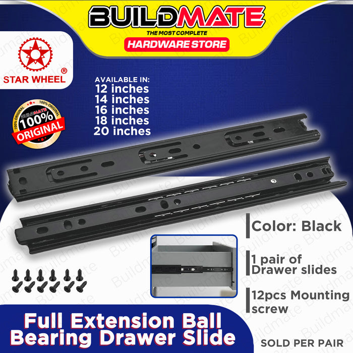 BUILDMATE Starwheel Full Extension Ball Bearing Drawer Slide Heavy Duty #605 12" / 14" / 16" / 18" / 20" inches [SOLD PER PAIR]