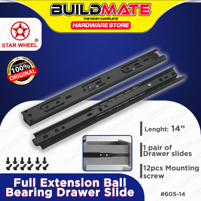 BUILDMATE Starwheel Full Extension Ball Bearing Drawer Slide Heavy Duty #605 12" / 14" / 16" / 18" / 20" inches [SOLD PER PAIR]