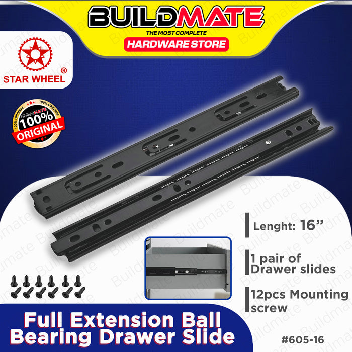 BUILDMATE Starwheel Full Extension Ball Bearing Drawer Slide Heavy Duty #605 12" / 14" / 16" / 18" / 20" inches [SOLD PER PAIR]