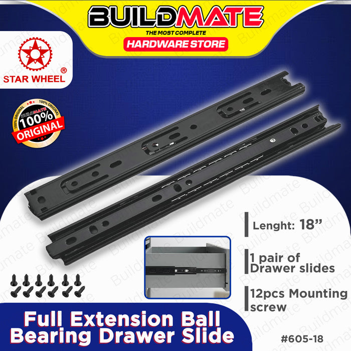 BUILDMATE Starwheel Full Extension Ball Bearing Drawer Slide Heavy Duty #605 12" / 14" / 16" / 18" / 20" inches [SOLD PER PAIR]