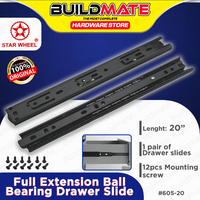 BUILDMATE Starwheel Full Extension Ball Bearing Drawer Slide Heavy Duty #605 12" / 14" / 16" / 18" / 20" inches [SOLD PER PAIR]