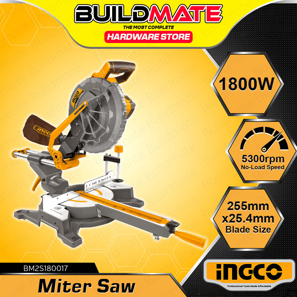 BUILDMATE Ingco Miter Saw 1800W Woodworking Sliding Dual Rail Mitre Sa ...