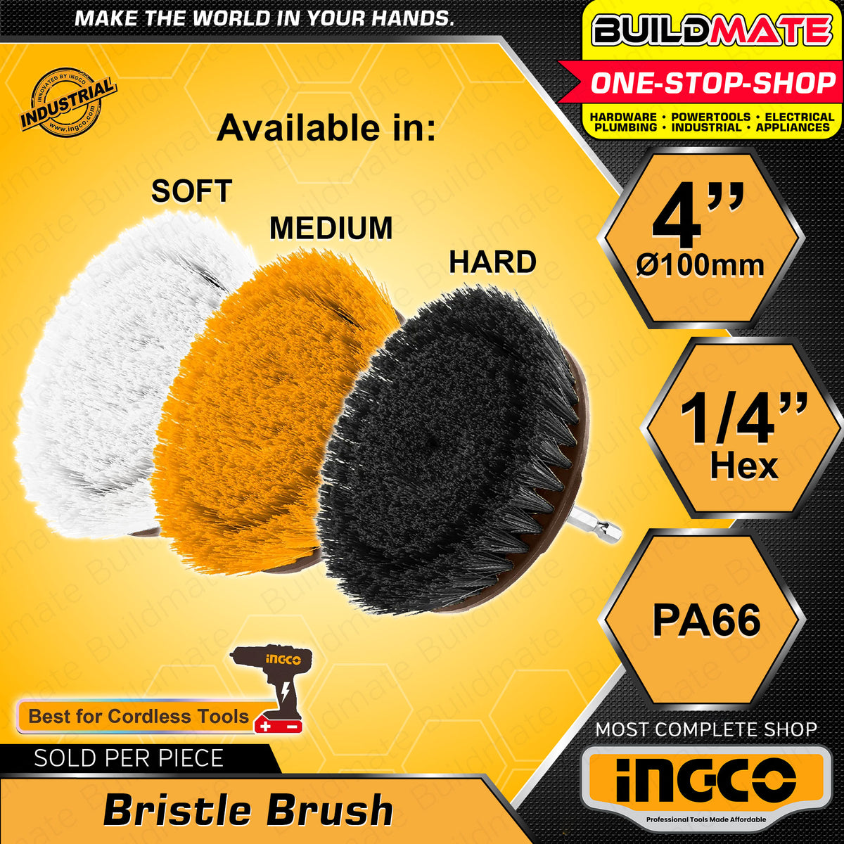 INGCO 4" Soft, Meduim and Hard Bristle Brush 100mm 1/4 Hex Shank Drill