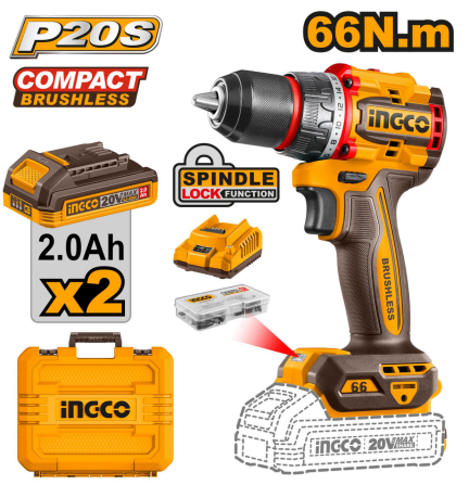 INGCO 20V Compact Brushless Cordless Drill For Drilling Wood &amp; Metal Unit Only &amp; Set CDLI206681 CDLI20668 ICPT - BUILDMATE