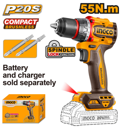 INGCO 20V Compact Brushless Cordless Drill Unit Only and Set CDLI205581 CDLI205582  ICPT - BUILDMATE