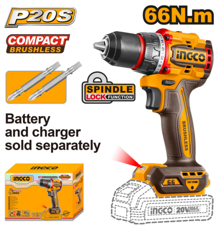 INGCO 20V Compact Brushless Cordless Drill For Drilling Wood &amp; Metal Unit Only &amp; Set CDLI206681 CDLI20668 ICPT - BUILDMATE