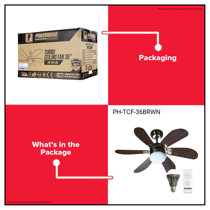 POWERHOUSE Turbo Ceiling Fan AC Motor 36in With Led Bulb & Remote Control Black, White & Wood PHE