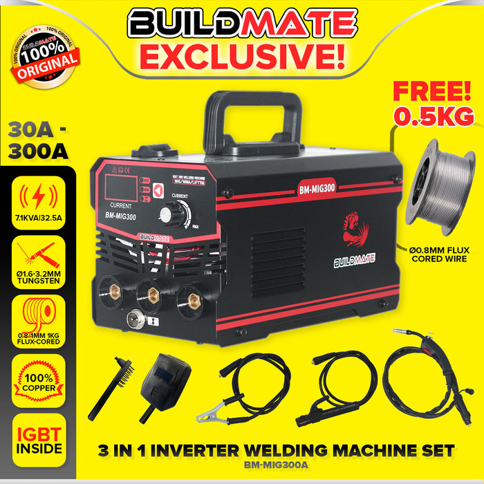 [SET] BUILDMATE Brand 3in1 Gasless MIG / TIG / MMA with FREE Flux Cored Portable Arc Inverter Welding Machine 300A + TIG Torch Welding Cable BM-MIG300A / BM-TT001