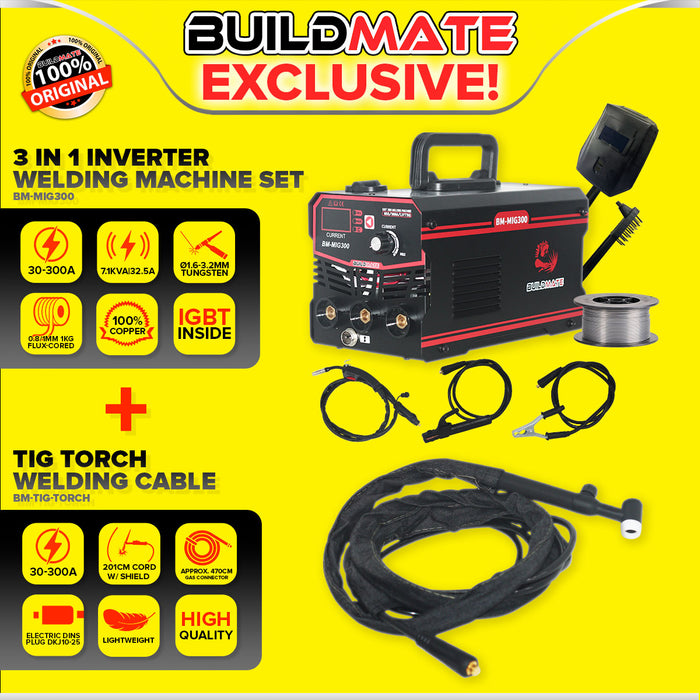 [SET] BUILDMATE Brand 3in1 Gasless MIG / TIG / MMA with FREE Flux Cored Portable Arc Inverter Welding Machine 300A + TIG Torch Welding Cable BM-MIG300A / BM-TT001