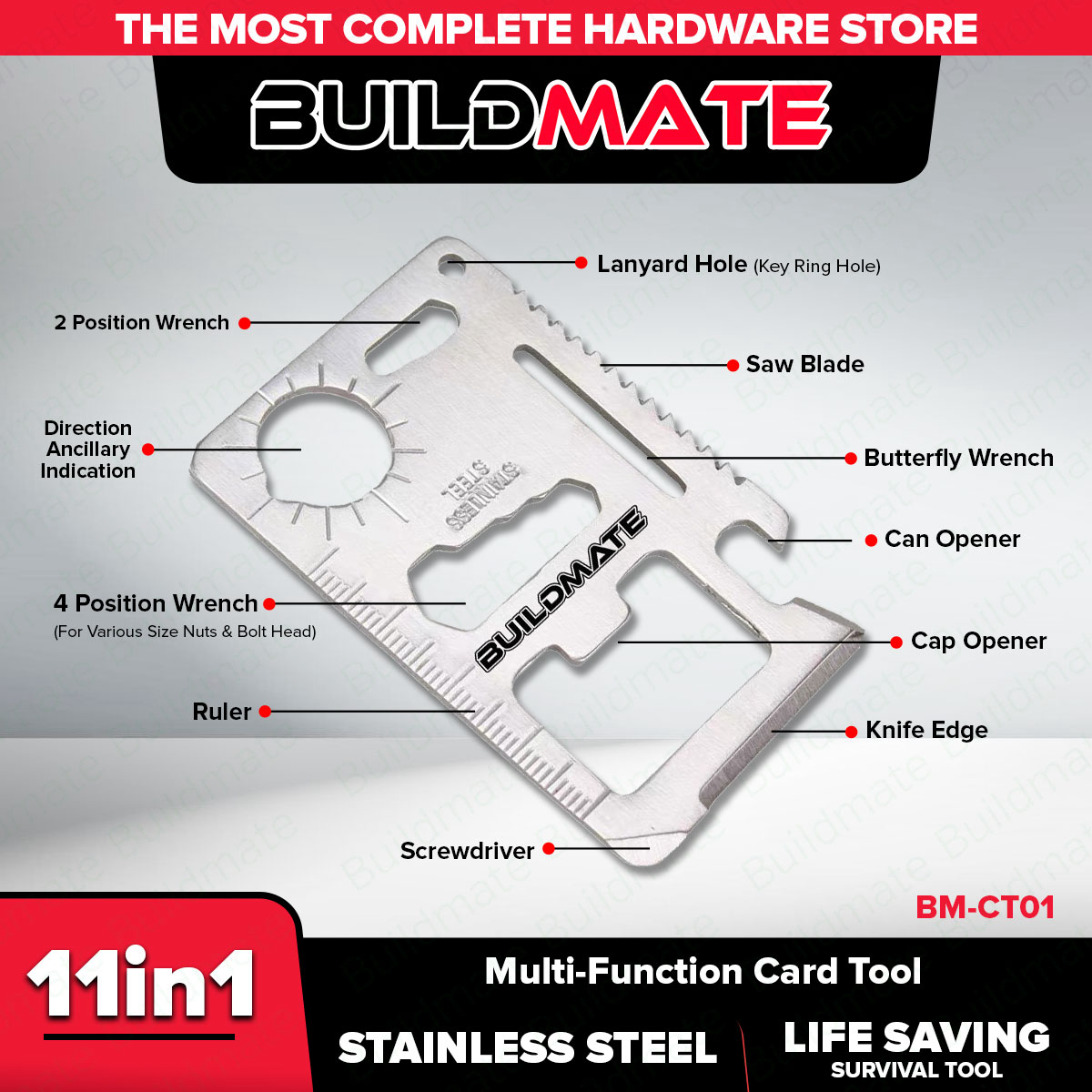 BUILDMATE Multi Function Card Tool Stainless Steel Survival Tool BM-CT ...