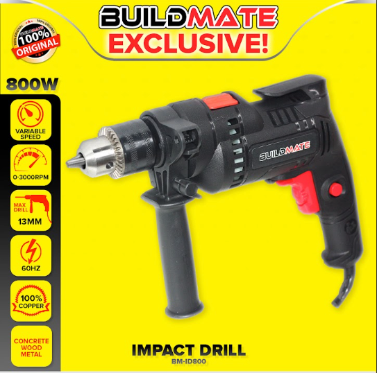 BUILDMATE Brand 800W Electric Impact Drill 13mm Capacity with Hammer Function and Switch Lock Button Heavy Duty Power Drill BM1D800
