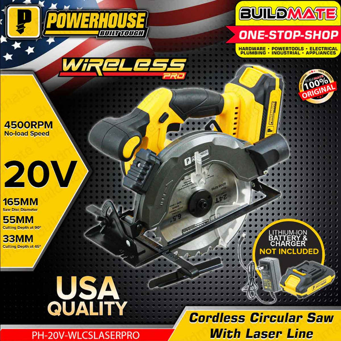 BUILDMATE Powerhouse 20V Cordless Circular Saw Wood Cutter with 2.0Ah Li-Ion Battery Laser Line Guide Cutting Machine Woodworking Power Tools PH-20V-WLCSLASERPRO - PHPT
