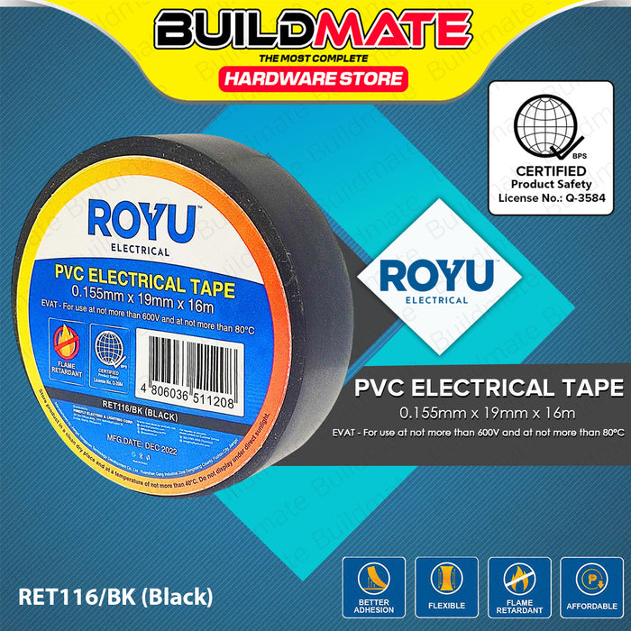 BUILDMATE Royu PVC Electrical Tape 0.155mmx19mmx16m Waterproof Insulation Wiring Flame Retardant Adhesive Repair Colored Insulating Electric Wire Tape SOLD PER PIECE