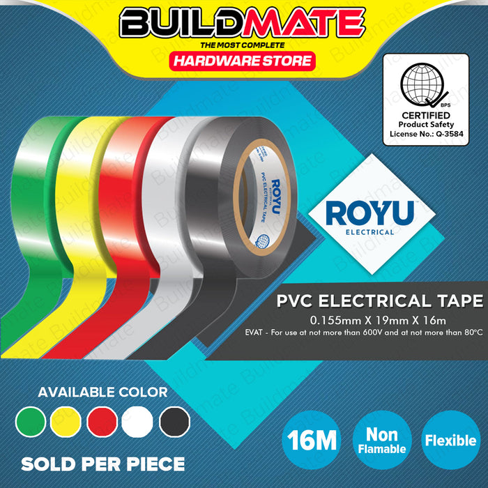 BUILDMATE Royu PVC Electrical Tape 0.155mmx19mmx16m Waterproof Insulation Wiring Flame Retardant Adhesive Repair Colored Insulating Electric Wire Tape SOLD PER PIECE