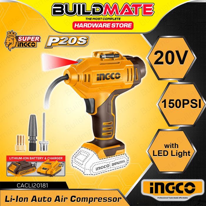 BUILDMATE Ingco Lithium-Ion Cordless 20V Auto Air Compressor 160PSI / 150PSI Rechargeable Car Tire Inflator Air Pump - ICPT