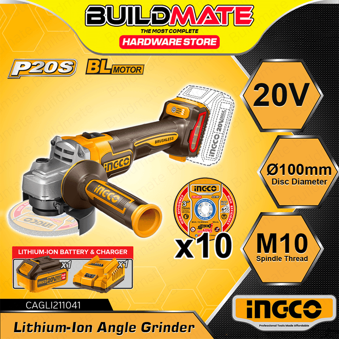 BUILDMATE Ingco Lithium-Ion Cordless Angle Grinder 20V Brushed / Brushless Rechargeable Grinding and Polishing Machine Power Tools - ICPT