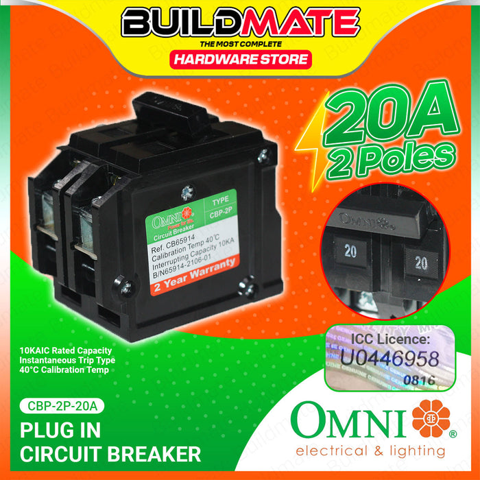 BUILDMATE Omni Plug In Circuit Breaker 2 Poles  15A-60A Electrical Double Pole Circuit Protection Plugin Breaker CBP-2P SOLD PER PIECE