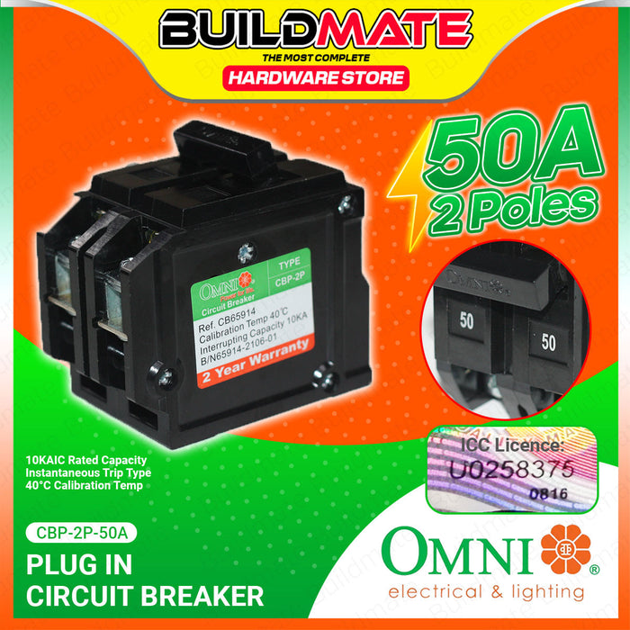 BUILDMATE Omni Plug In Circuit Breaker 2 Poles  15A-60A Electrical Double Pole Circuit Protection Plugin Breaker CBP-2P SOLD PER PIECE