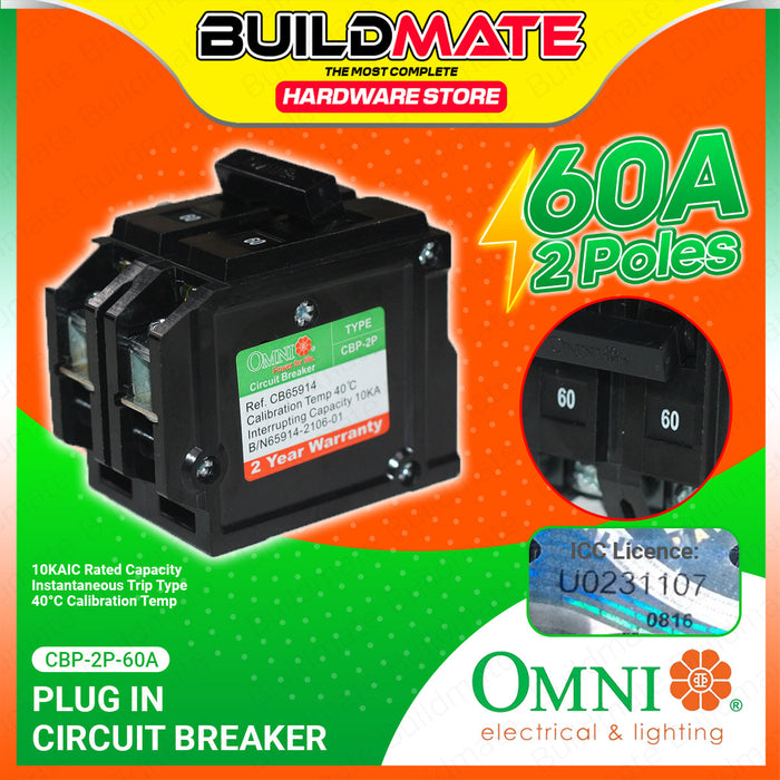 BUILDMATE Omni Plug In Circuit Breaker 2 Poles  15A-60A Electrical Double Pole Circuit Protection Plugin Breaker CBP-2P SOLD PER PIECE