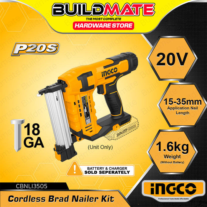 BUILDMATE Ingco Lithium-Ion Cordless 20V Brad Nailer Kit 15mm-50mm Woodworking Pin Nailer Driver Bradder Nailing Tool - ICPT