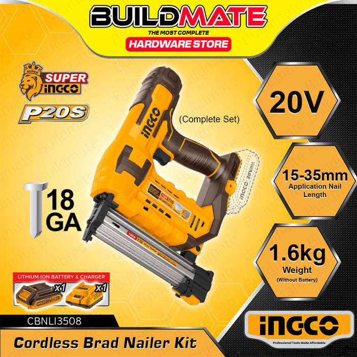 BUILDMATE Ingco Lithium-Ion Cordless 20V Brad Nailer Kit 15mm-50mm Woodworking Pin Nailer Driver Bradder Nailing Tool - ICPT