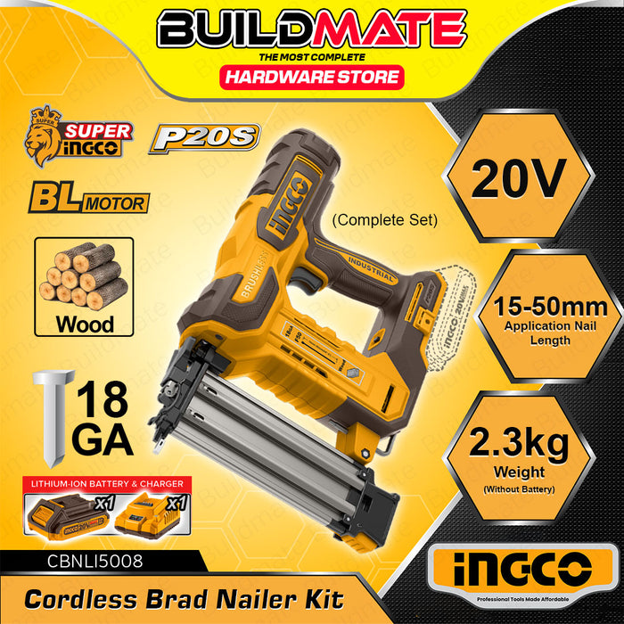 BUILDMATE Ingco Lithium-Ion Cordless 20V Brad Nailer Kit 15mm-50mm Woodworking Pin Nailer Driver Bradder Nailing Tool - ICPT