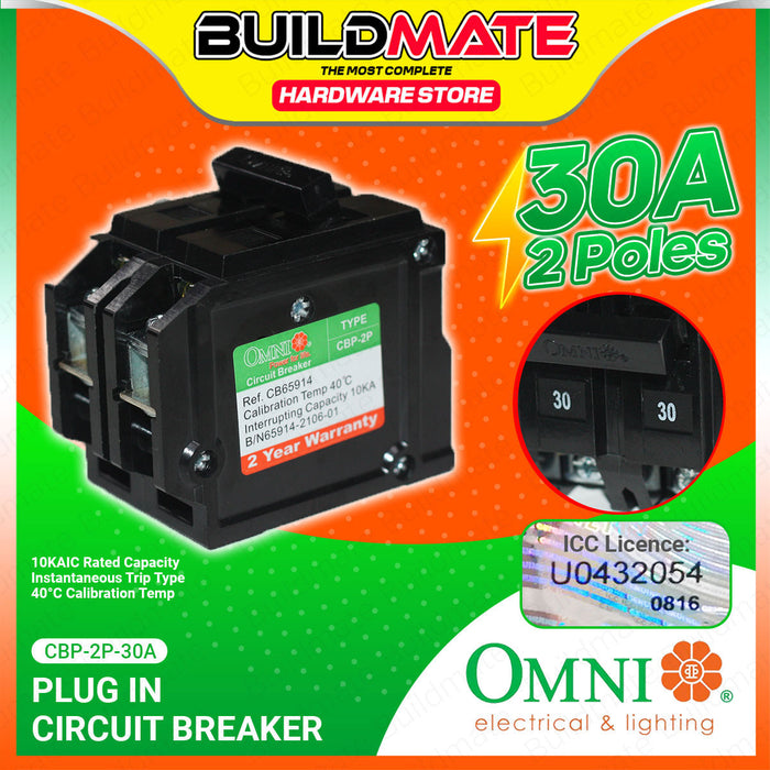 BUILDMATE Omni Plug In Circuit Breaker 2 Poles  15A-60A Electrical Double Pole Circuit Protection Plugin Breaker CBP-2P SOLD PER PIECE