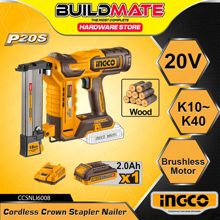 BUILDMATE Ingco K10-K40 20V Brushless Cordless Crown Stapler Nailer w/ 100pcs Capacity 3 nail/s Rechargeable Staple Tacker Gun - ICPT