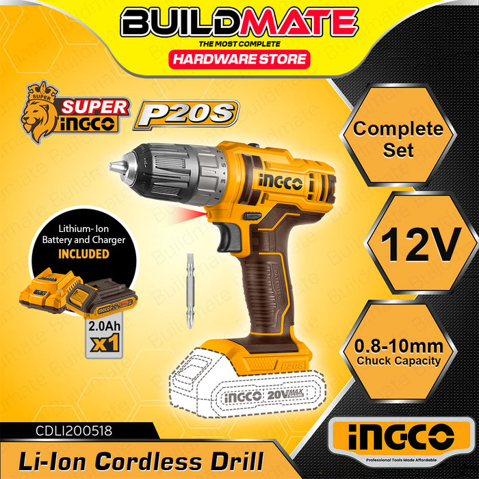 BUILDMATE Ingco Lithium-Ion Cordless Drill 20V 2-Speed Gear High Torque Rechargeable Drill Driver Power Tools - ICPT