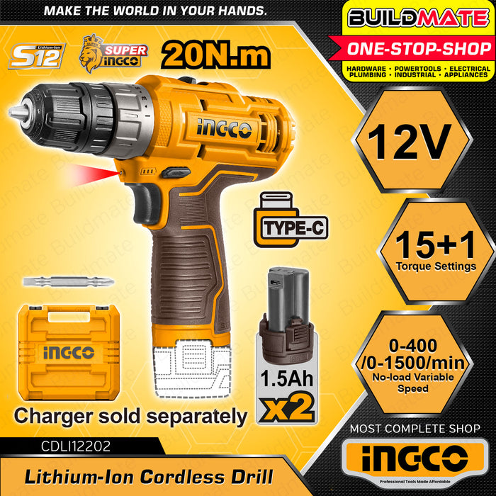 BUILDMATE INGCO 12V Li-Ion Cordless Drill With 2x Battery Bits