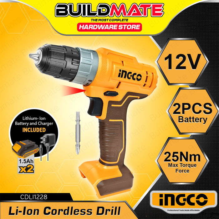 BUILDMATE Ingco 12V Lithium-Ion Cordless Drill 20N.m / 25N.m Rechargeable Drill Driver with Integrated Work Light Power Tools - ICPT