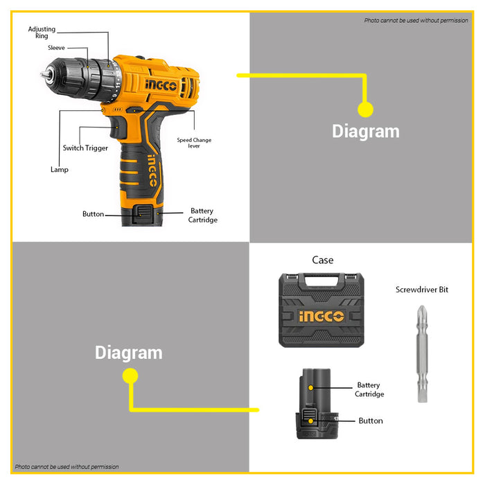 BUILDMATE Ingco Lithium-Ion Cordless 12V Impact Drill / Driver 20Nm Rechargeable Drilling Gun with Hammer Function - ICPT
