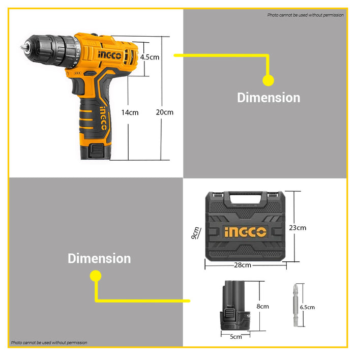 BUILDMATE Ingco Lithium-Ion Cordless 12V Impact Drill / Driver 20Nm Rechargeable Drilling Gun with Hammer Function - ICPT