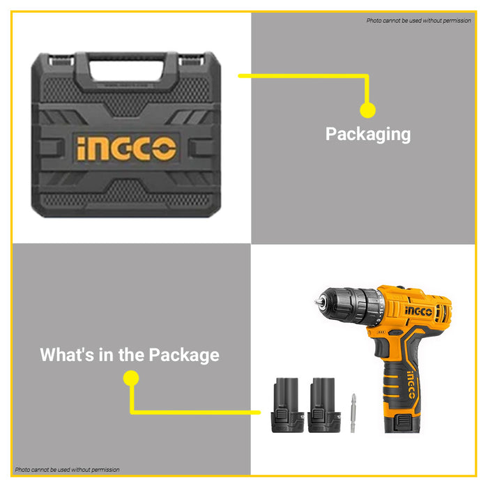 BUILDMATE Ingco Lithium-Ion Cordless 12V Impact Drill / Driver 20Nm Rechargeable Drilling Gun with Hammer Function - ICPT