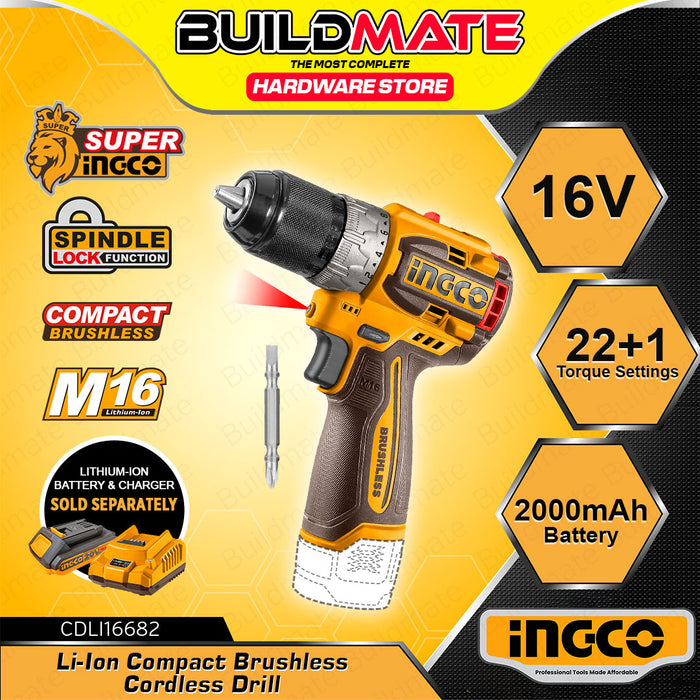 BUILDMATE Ingco Lithium-Ion Compact Brushless Cordless Drill 16V 2-Speed Gear Rechargeable Drill Driver CDLI16682 ICPT