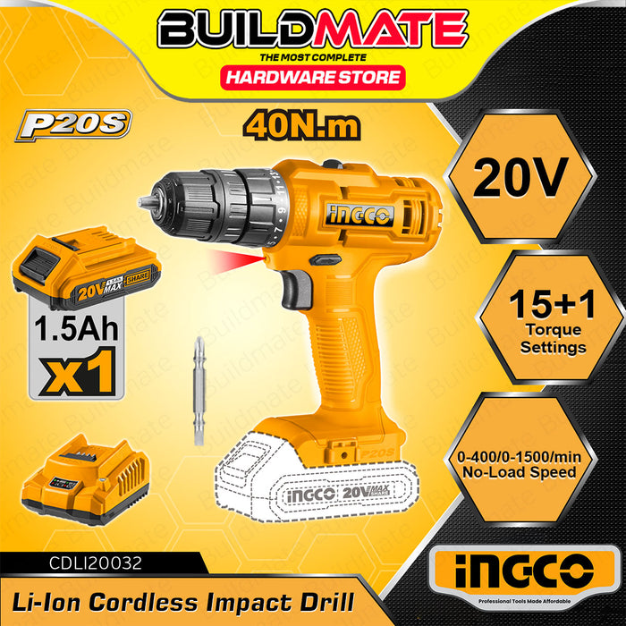 BUILDMATE Ingco 20V Lithium-Ion Cordless Drill 40Nm / 45Nm 2-Speed Mechanical Gear Drilling Gun with Integrated Work Light CDLI20051 / CDLI20032 - ICPT
