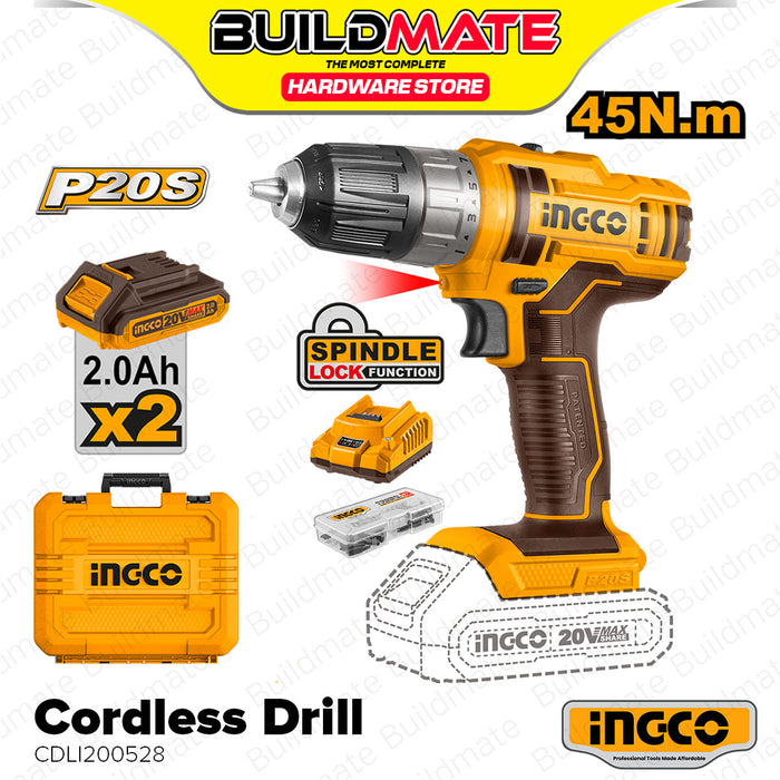 BUILDMATE Ingco Lithium-Ion 20V Cordless Drill 2-Speed Mechanical Gear CDLI200528 / Cordless Drill with Coffee Grinder Combo Kit COSLI23064 - IPT