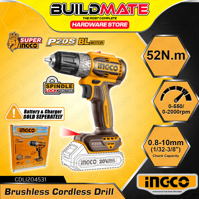 BUILDMATE Ingco Lithium-Ion 20V Brushless Cordless Drill 53N.m Rechargeable Drill Driver Power Tools CDLI20453 / CDLI204531 - ICPT