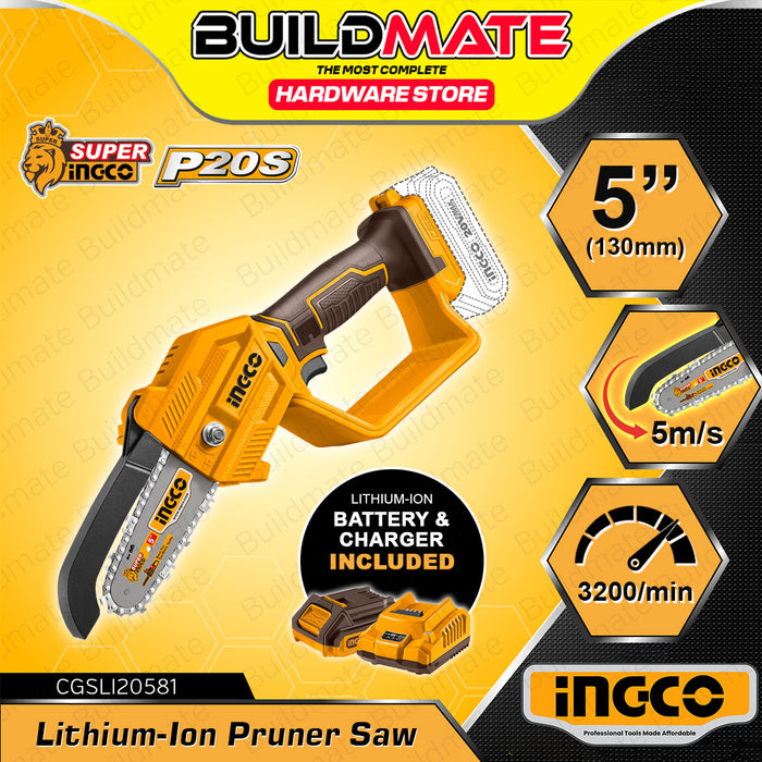 BUILDMATE Ingco Lithium-Ion Cordless 20V Pruner Saw 130mm Rechargeable Handheld Tree Pruning Branch Cutter Wood Garden Trimming Saw - ICPT